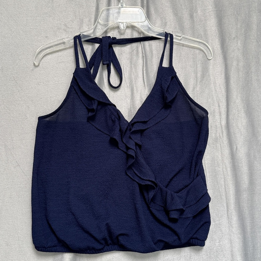 Express Blouse Womens Medium Navy‎ Blue Ruffle Wrap Halter Cami Top Elastic Hem
